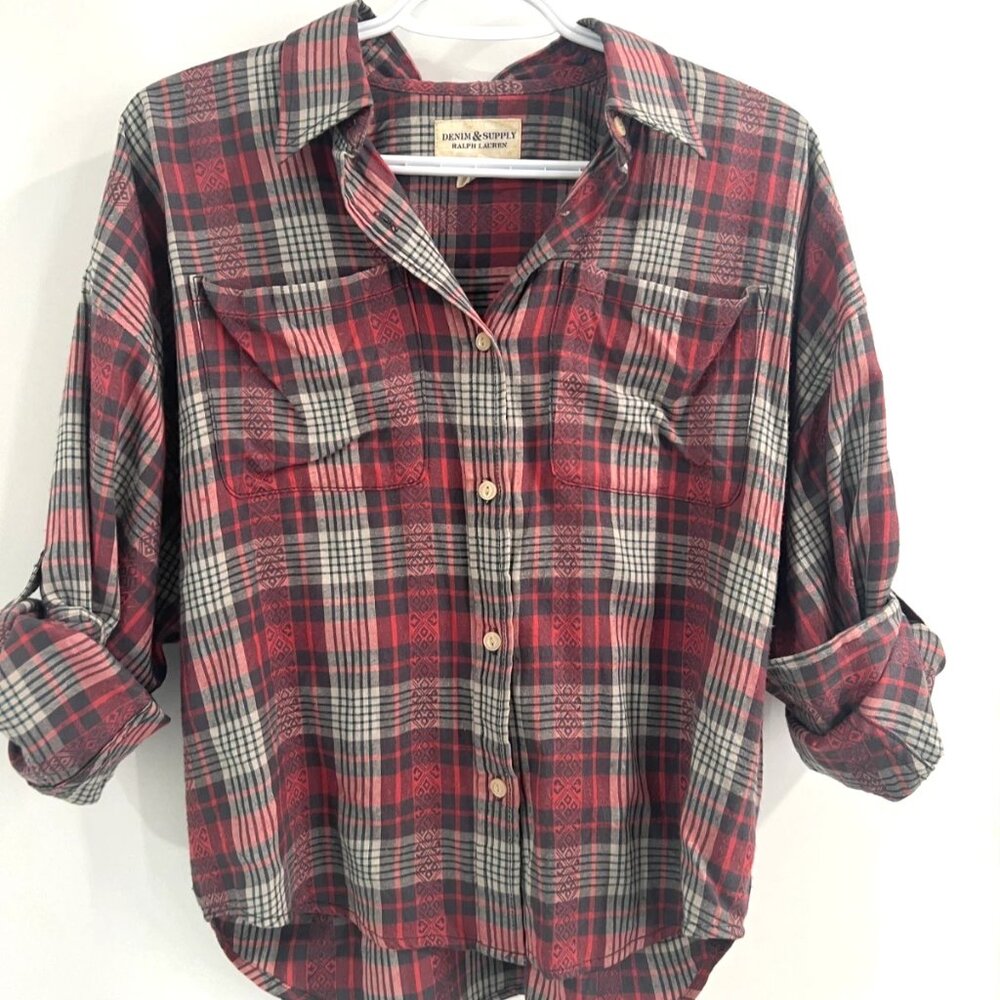 Denim & Supply Ralph Lauren Women's Red Plaid Viscose Flannel Roll-Sleeve Shirt